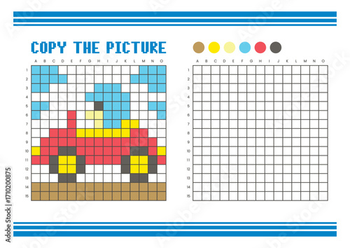 Copy the picture grid drawing worksheet for kids. Pixel art race car with driver