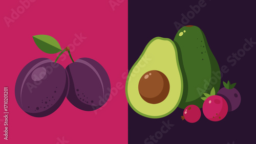Vibrant Flat Design Fruit Illustration: Plums, Avocados, and Berries on Contrasting Backgrounds
