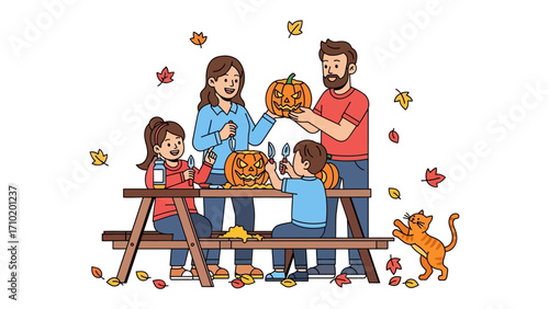 Pumpkin Carving Family: A vibrant illustration capturing a joyful family, engaged in the traditional autumn activity of carving pumpkins, surrounded by colorful autumn leaves, radiating warmth.