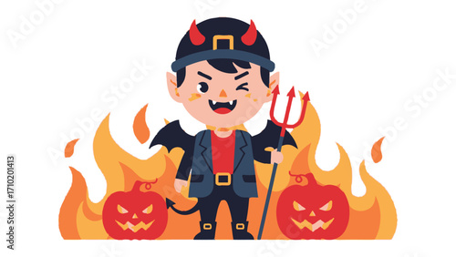 Spooky Devil: A whimsical illustration of a mischievous little devil with a pitchfork and surrounded by flames and spooky pumpkins, bringing a touch of playful dread. 