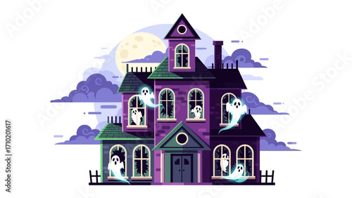 Spooky Haunted House Illustration: A chilling illustration depicts a classic haunted house under a full moon, with spectral ghosts floating from the windows.