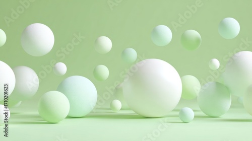 A collection of spheres with varying textures and sizes creates a visually interesting composition on a light green background