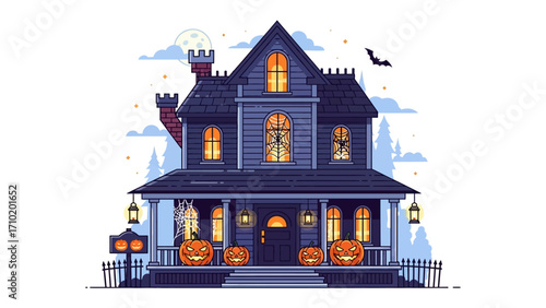 Spooky Halloween House: An enchanting illustration of a haunted house decked out for Halloween, complete with carved pumpkins, a full moon, and a mysterious atmosphere.