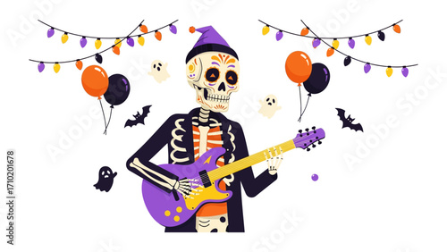 Celebration of life and music: An artfully crafted illustration of a skeleton playing an electric guitar, surrounded by festive decorations. A fusion of music, and celebration.