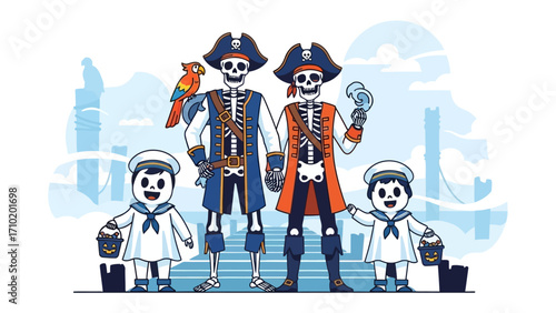 Pirate Family Illustration: A cartoon illustration presents a whimsical pirate family, including a skeletal father figure, and his two sailor-costumed offspring.