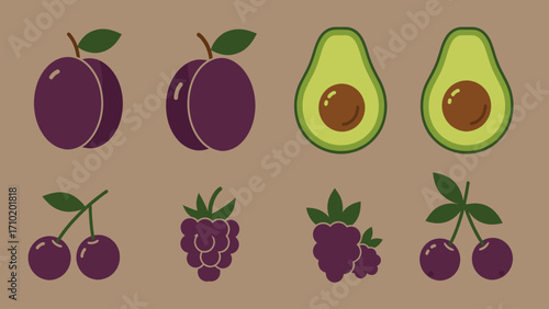 Flat Design Healthy Fruit Vector Collection: Plums, Avocados, Cherries, Blackberries. Fresh Produce Graphic Elements.