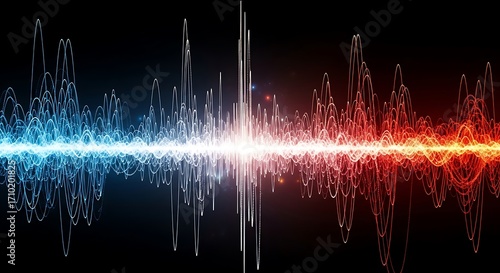 Dynamic audio spectrum visualization with blue and red energy waves