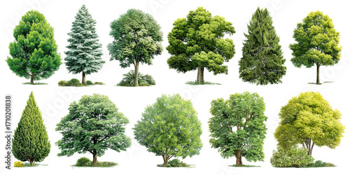 Assortment of various green trees, capturing their unique shapes and forms. The photograph captures the essence of various trees, showing the detail of their leaves and the character of their trunk