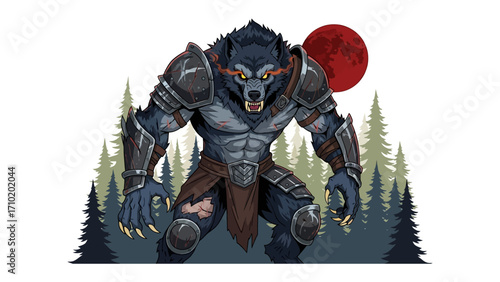 Werewolf illustration: A fierce werewolf stands tall, embodying power and the untamed spirit of the wilderness, under a crimson moon.