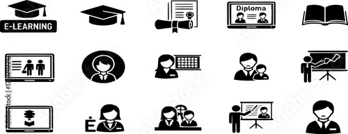 Education and learning icon set. E-learning, graduation, diploma, online class, presentation, student and teacher icon vector illustration