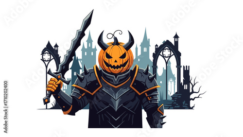 Nightmare Pumpkin: An intense illustration of a jack-o'-lantern-headed warrior, wielding a formidable sword, stands boldly before a haunting backdrop of a gothic castle under a dusky sky.