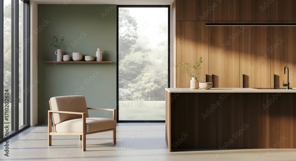 Fototapeta premium Modern kitchen with a light beige armchair and wooden cabinets, featuring a sage green wall and large windows.
