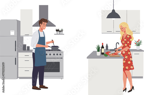 Couple cooking in kitchen, man boiling food, woman chopping vegetables, home kitchen interior, modern lifestyle activity, flat vector illustration