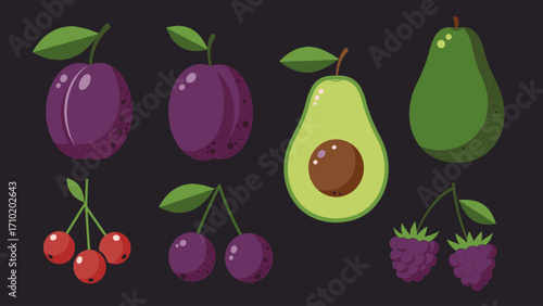 Flat Design Fruit Collection: Plums, Avocados, Cherries, and Berries Vector Illustration