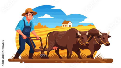 Farmer and oxen plowing: An illustrated scene of a farmer diligently plowing a field with the help of two strong oxen, symbolizing agricultural heritage and traditional farming practices.