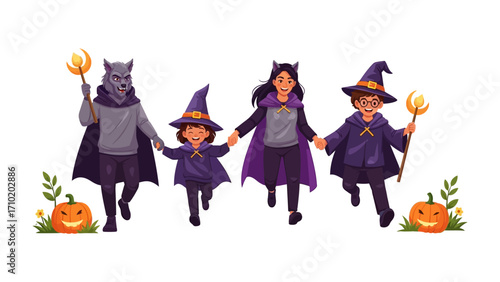 Halloween Delight: A group of children in festive costumes, holding hands, embarking on a delightful adventure. Joyful spirits, pumpkins. perfect for illustrating seasonal fun.