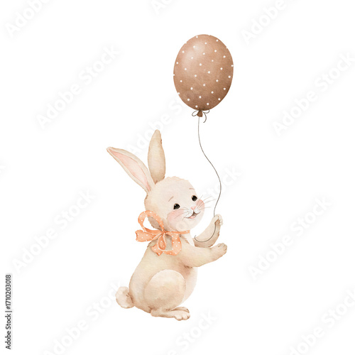 Watercolor cute hare with bow and balloon. Hand-drawn of bunny in pastel warm beige colors. Drawing illustration rabbit on isolated background. For childish shower greeting cards or kids invitations.