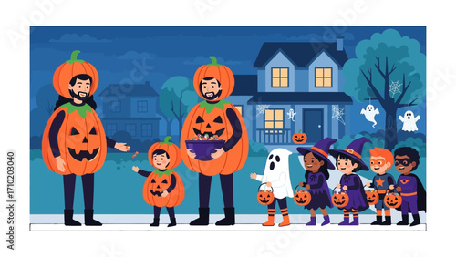 Pumpkin Patch Parade: A delightful autumn scene unfolds as costumed figures stroll a quaint street, trick-or-treating under a moonlit sky, the essence of Halloween night!