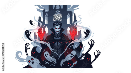 Gothic Vampire Illustration: An ominous, digital illustration of a vampire standing before a gothic cathedral, surrounded by spectral entities, capturing the essence of gothic horror.