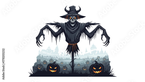 Spooky Scarecrow in the Haunted Field: A chilling depiction of a menacing scarecrow standing tall amidst a spooky pumpkin patch, perfect for evoking the essence of Halloween.