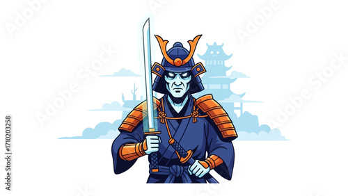 Samurai Illustration: A formidable illustration depicts a stoic samurai, ready for battle. The samurai, clad in traditional armor, wields a katana in front of a classic backdrop.