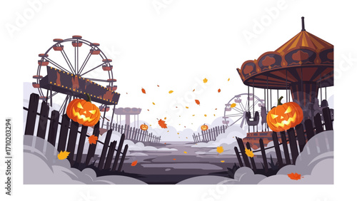 Spooky Carnival Scene: Halloween spirit comes to life with pumpkins, a carousel, and a Ferris wheel set in an autumn scene. This image captures the whimsy of the season.