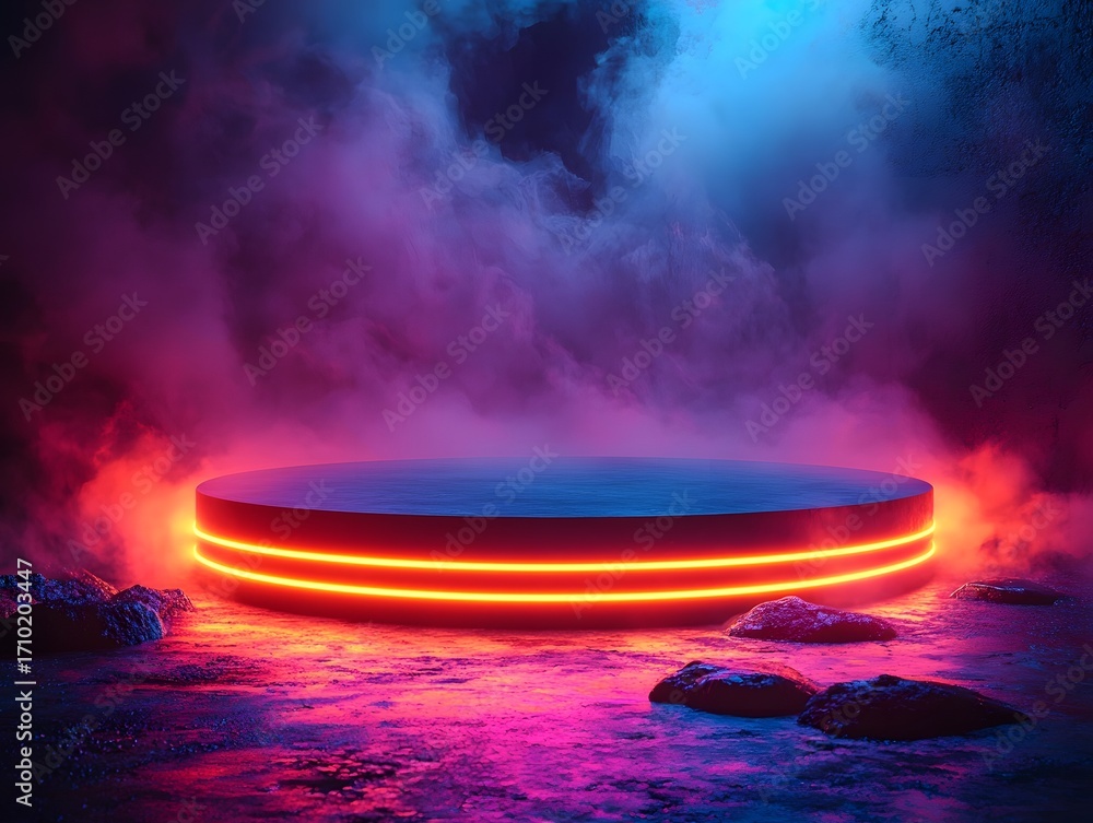 Obraz premium A futuristic circular podium glows with vibrant neon light amidst atmospheric smoke and dramatic colors