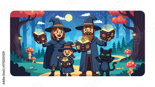 Whimsical Wizard Family: A magical family of wizards, complete with pointed hats and enchanted books, stands together in a spellbinding forest setting, with their friendly black cat.