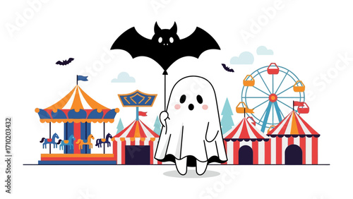Spooky Carnival: A cute ghost holding a bat umbrella in front of the carnival, captures the festive essence of Halloween and whimsy, designed in an eye-catching flat vector style.