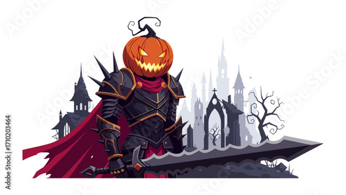 Halloween Knight: A digitally crafted knight with a pumpkin head, embodying the essence of All Hallows' Eve, set against a backdrop of a haunted castle.