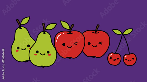 Smiling Kawaii Fruits: Pears, Apples, and Cherries Illustration on Purple Background