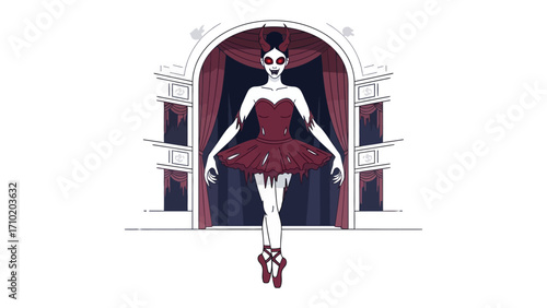 Ethereal Ballerina in Crimson: An elegant ballerina, captured mid-performance within the graceful embrace of an arched theatre, embodies the beauty and artistic mastery of the dance. 