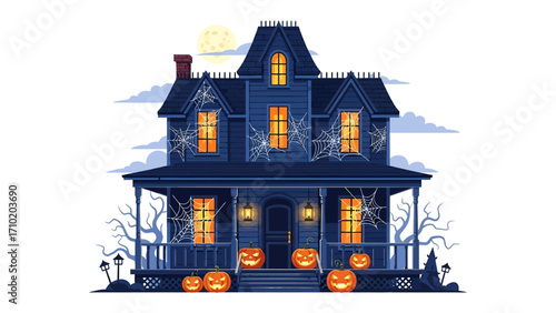 Spooky Halloween House: A chilling illustration of a haunted house, complete with glowing jack-o'-lanterns and eerie cobwebs, set against a backdrop of a full moon. Embrace the season's thrill!