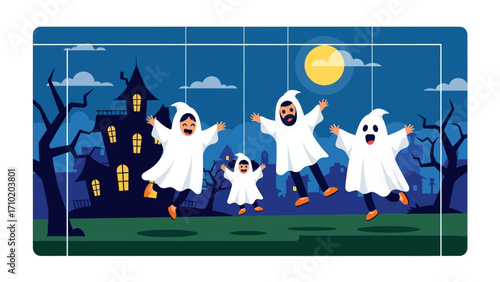 Ghostly Gathering: A fun-filled illustration depicts a group of whimsical, costumed figures joyfully engaging in playful antics under a spooky night sky, with a classic haunted house in the backdrop.