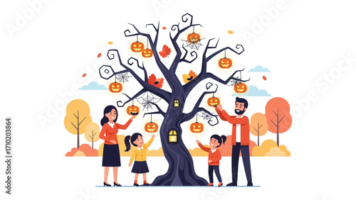 Spooky Family Decorating for Halloween: A family of four adorns a gnarled tree with festive pumpkin lanterns and spiderwebs in anticipation of Halloween.