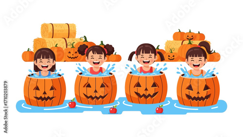 Halloween Fun: Cheerful kids splashing around in carved pumpkin barrels, embracing the spooky spirit of the holiday in a playful scene. 
