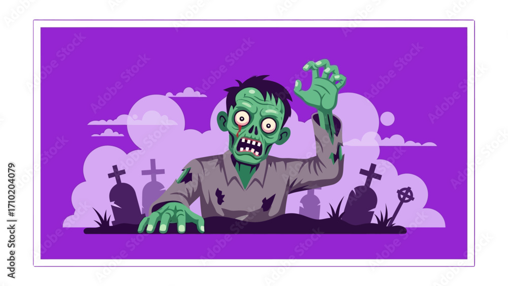 Naklejka premium Zombie in graveyard: A terrifying zombie emerges from the graveyard. An illustration showcasing the horror and undead.