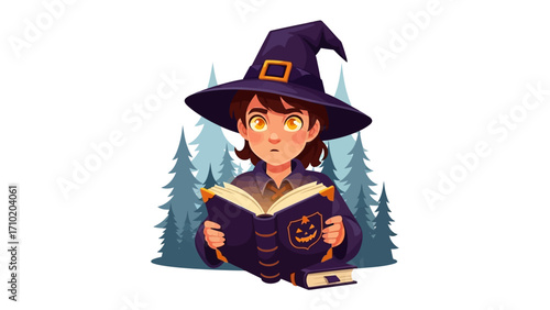 Enchanting Halloween Witch: An animated witch, deep in concentration while reading a spell book, evokes the whimsical charm of the holiday.