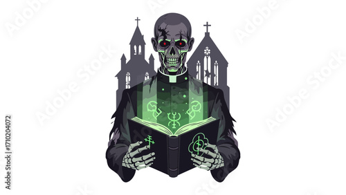 Ghastly Priest with Sacred Tome: An eerie, detailed illustration of a skeletal priest holding a glowing book, with a church silhouette, conjuring an atmosphere of dark spirituality.