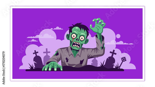 Zombie in graveyard: A terrifying zombie emerges from the graveyard. An illustration showcasing the horror and undead.