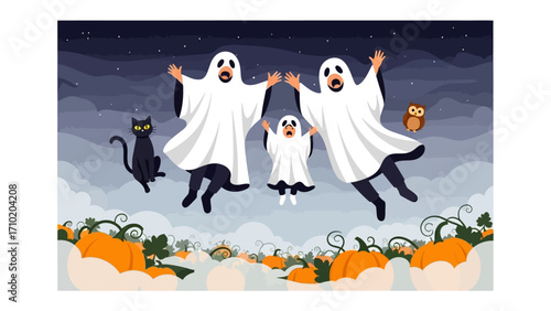 Spooky Halloween Gathering: A whimsical illustration of a family of playful ghosts floating in a night sky amidst pumpkins, a black cat, and a wise owl.