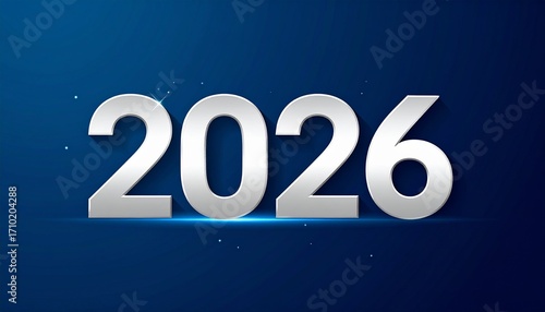 Ein modernes, minimalistisches Neujahrs-Design für 2026. Weiße und silberne Zahlen „2026“ auf schlichtem dunkelblauen Hintergrund