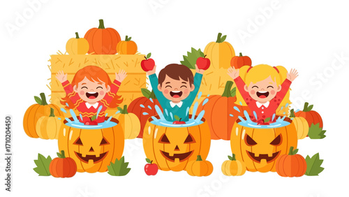 Happy Halloween Fun: Three children are having fun while playing Halloween pumpkin game with apples and other pumpkins.