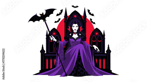 Vampire Queen in Gothic Throne: A stylized illustration of a regal vampire queen in an elaborate gothic throne room with a sinister bat, evoking an air of mystery.
