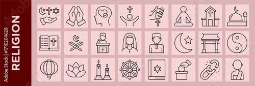 Modern line icon set on a soft background faith, belief, worship, prayer, and spirituality for religion concepts.	