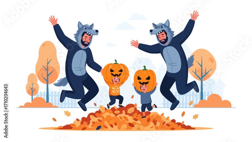 Joyful Autumn Festivities: Two adults and two children frolic in a lively autumn scene wearing festive costumes and celebrating the Halloween season.