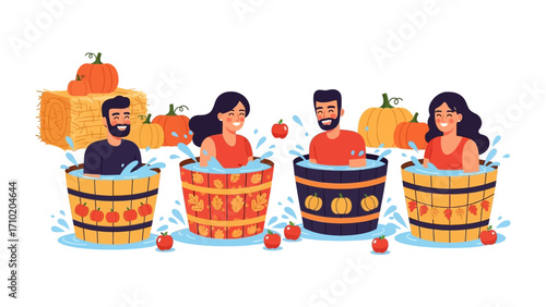 Autumnal Apple Bobbing: A vibrant illustration captures four individuals immersed in the cheerful tradition of apple bobbing during a festive autumn celebration.