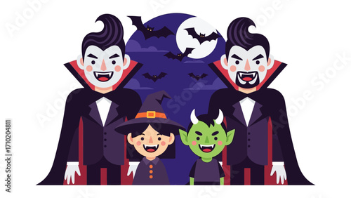 Halloween Costume: A whimsical scene unfolds, featuring costumed figures set against a backdrop of a moonlit night sky, complete with bats in flight.