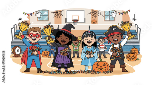 Halloween Champions: A group of excited kids in costumes proudly display trophies, symbolizing triumph at the Halloween event, amid a backdrop of festive decorations.