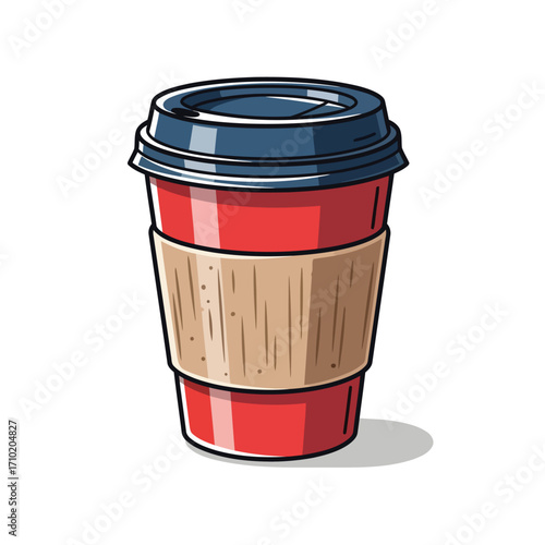 Vector art of a vibrant red coffee cup with a blue lid and cardboard sleeve, perfect for enjoying a hot beverage on the go